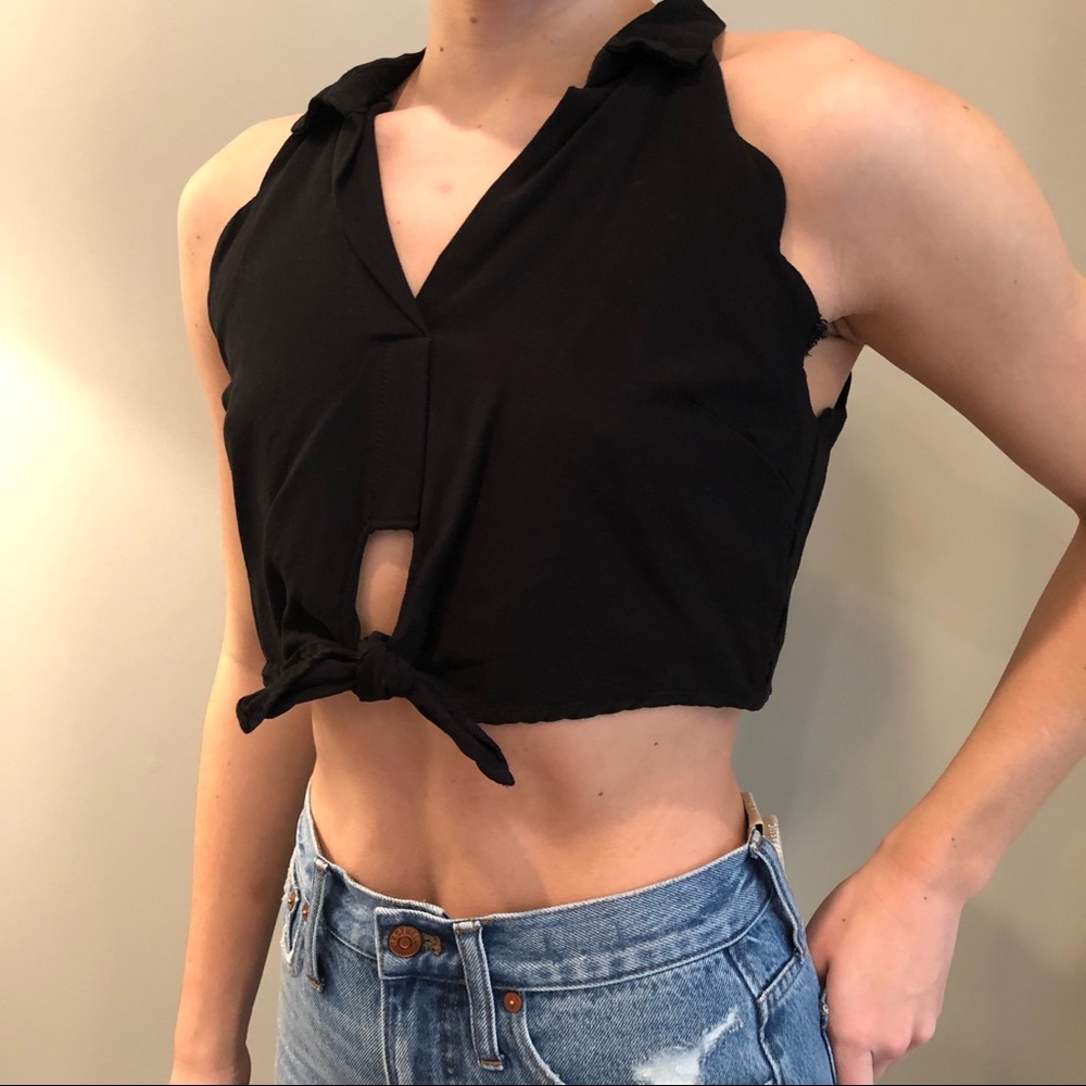 LUSH black collared crop top w/ scallop detail